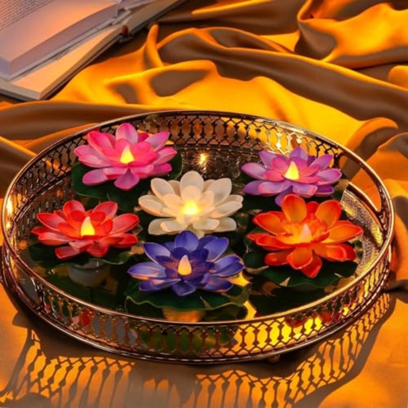 Diwali Lotus Light Decoration 6pcs Floating Lotus with Lights Diwali-Plastic Flower Plastic Flower Artificial Traditional Indian Decor for Puja Home Party Decoration A - Image 1
