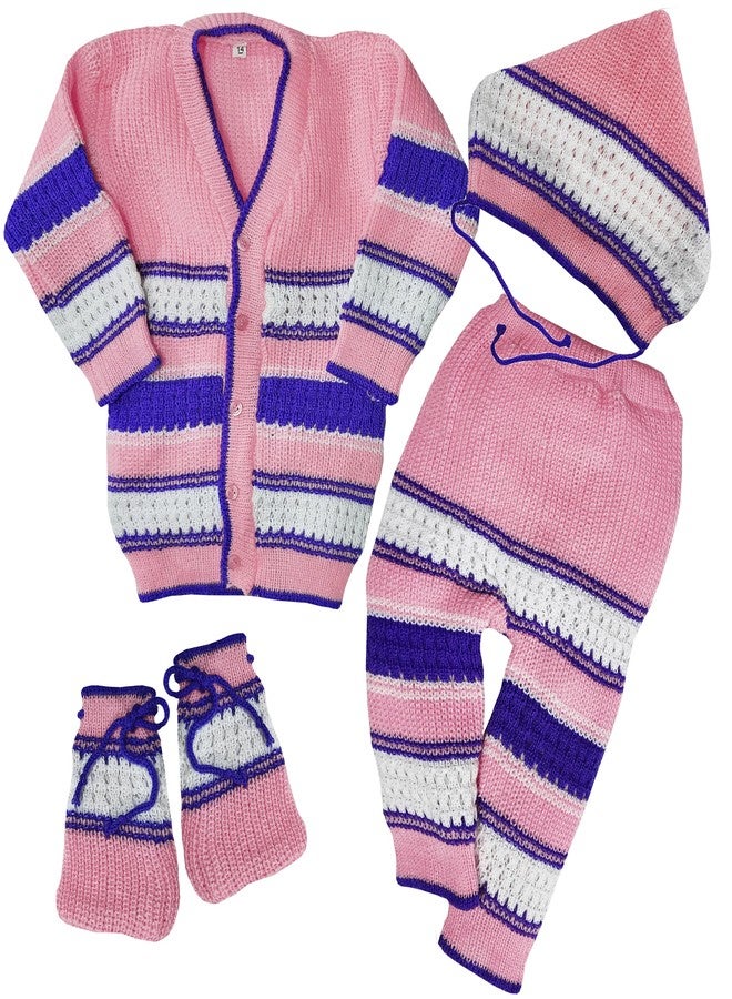 Timatim Baby Sweater Set Full Sleeves Sweater, Full Pant, Cap & Booties Set for Baby Boys and Baby Girls (12-18 Months, Pink) - Image 1
