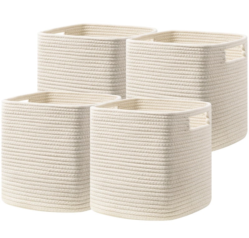 UBBCARE Set of 4 Storage Cubes11 X 105 X 105 In Cotton Rope Basket for Shelves Toys Book Cube Storage Bin with Handles Woven Storage Basket for Organizing Beige