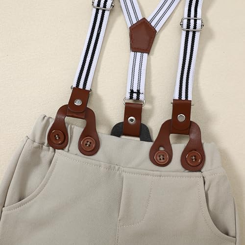WESIDOM Baby Boy Clothes Suit 0-24M Infant Gentleman Wedding Outfit, Shirt+Bowtie+Beret+Suspender Pants Clothing Set Khaki - Image 5
