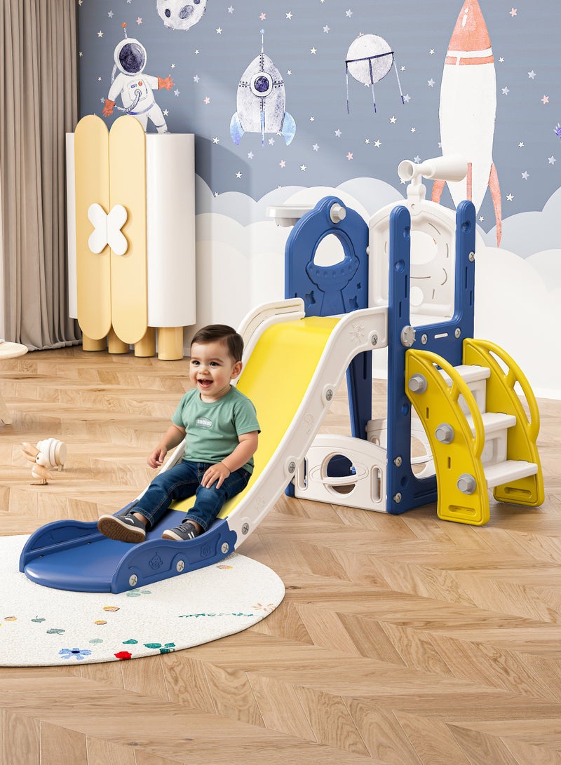 HAVERTYS 6-in-1 Toddler Slide and Climber Playset with Basketball Hoop, Storage & Telescope,Extra Long Indoor Outdoor Slide for Kids Playground Blue - Image 1