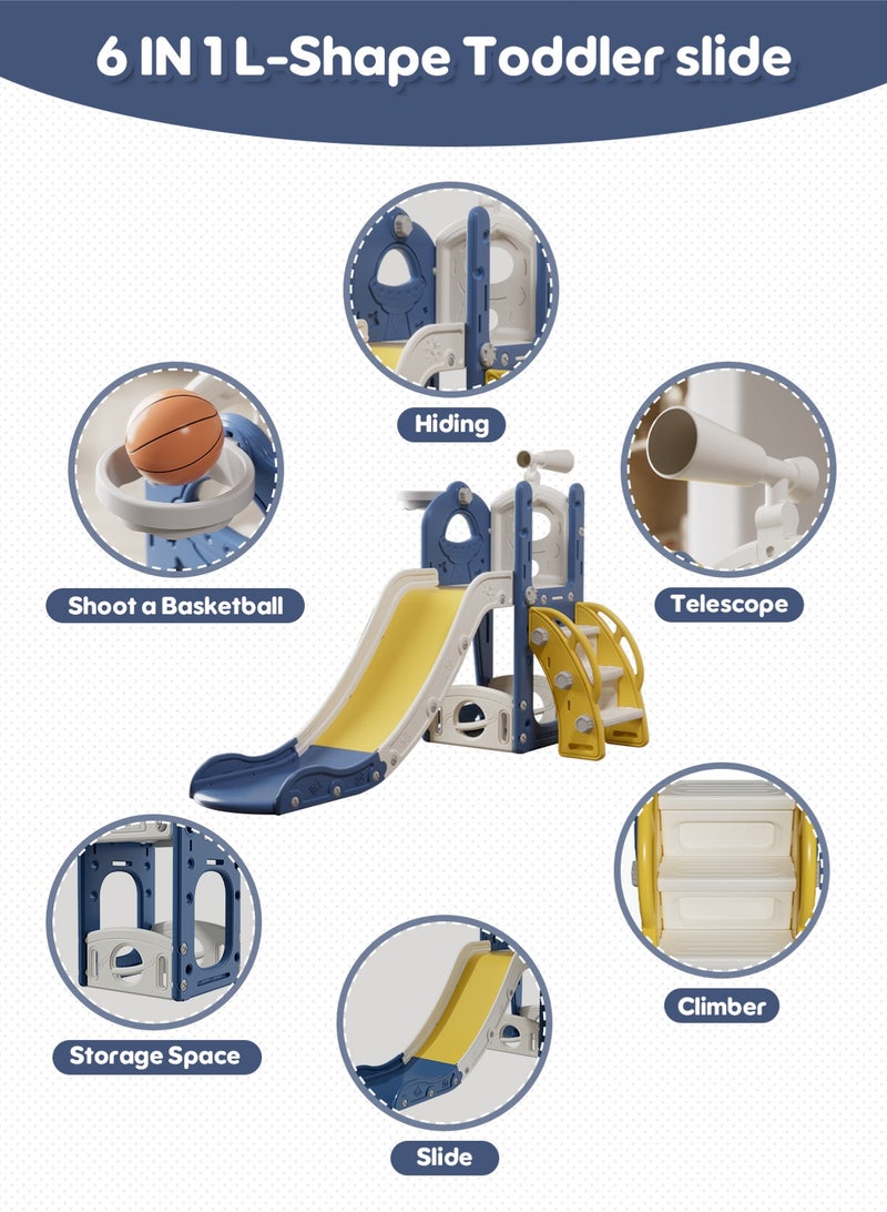 HAVERTYS 6-in-1 Toddler Slide and Climber Playset with Basketball Hoop, Storage & Telescope,Extra Long Indoor Outdoor Slide for Kids Playground Blue - Image 2