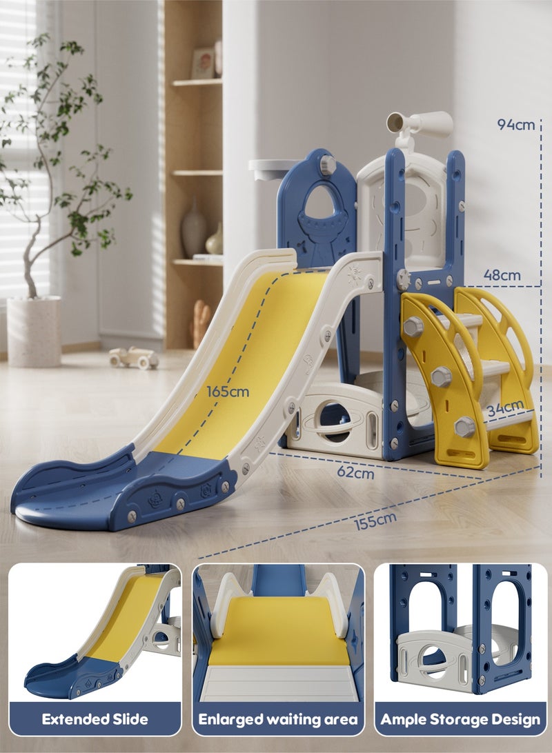 HAVERTYS 6-in-1 Toddler Slide and Climber Playset with Basketball Hoop, Storage & Telescope,Extra Long Indoor Outdoor Slide for Kids Playground Blue - Image 4
