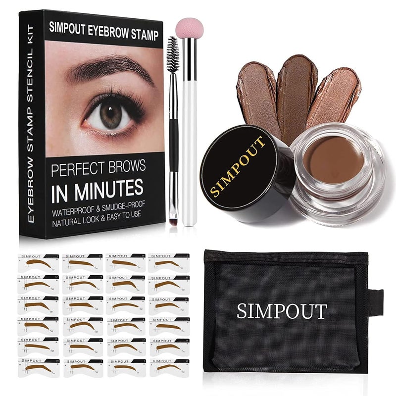 Simpout Eyebrow Stamp Stencil Kit for Beginner  Simpout Eye Brow Stamping Kit Eyebrow Stamp Trio Kit 29 Brow Stencils Brow Eyebrow Kit with Sponge Applicator Waterproof Eyebrow Kit E04 Chocolate