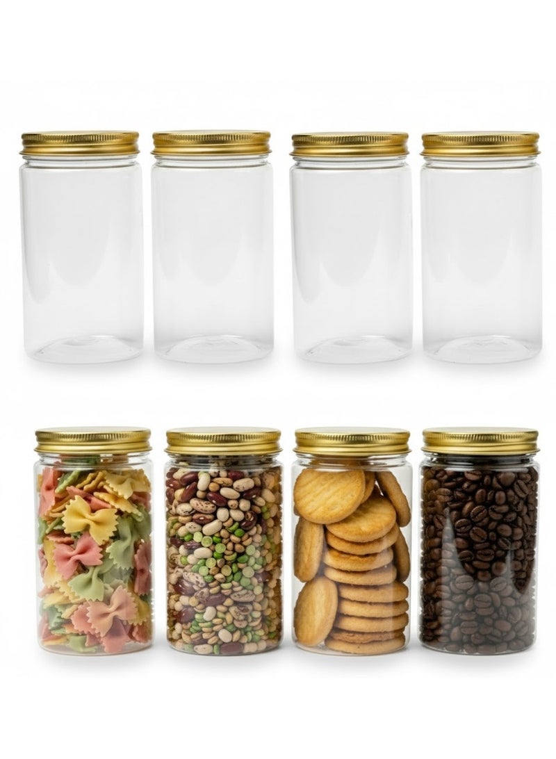 JIHAM 4 Pack Clear Plastic Jars with Airtight Gold-Colored Lids – 350ml BPA-Free Kitchen Storage Canisters for Pantry Organization | Food Jars for Coffee, Tea, Sugar, Spices, Snacks, Dry Goods & More - Image 1