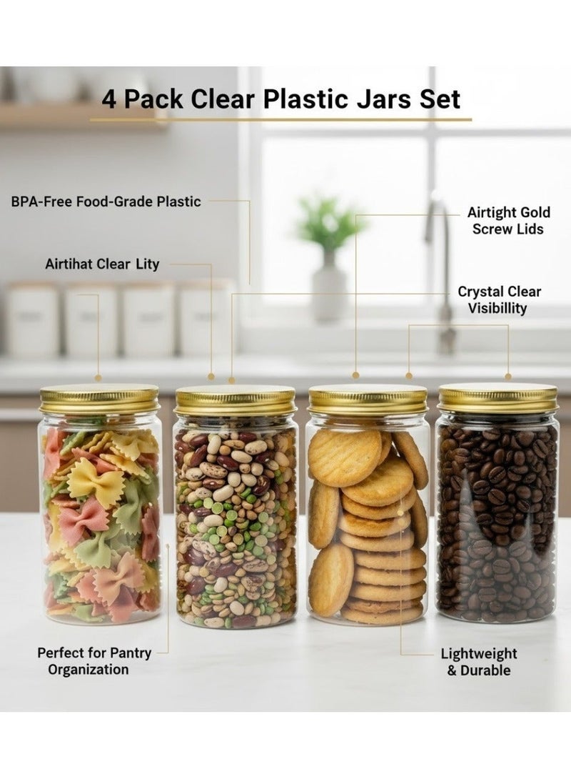 JIHAM 4 Pack Clear Plastic Jars with Airtight Gold-Colored Lids – 350ml BPA-Free Kitchen Storage Canisters for Pantry Organization | Food Jars for Coffee, Tea, Sugar, Spices, Snacks, Dry Goods & More - Image 3