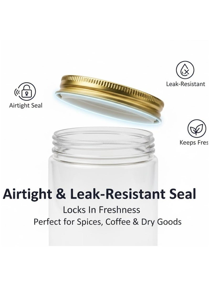 JIHAM 4 Pack Clear Plastic Jars with Airtight Gold-Colored Lids – 350ml BPA-Free Kitchen Storage Canisters for Pantry Organization | Food Jars for Coffee, Tea, Sugar, Spices, Snacks, Dry Goods & More - Image 2