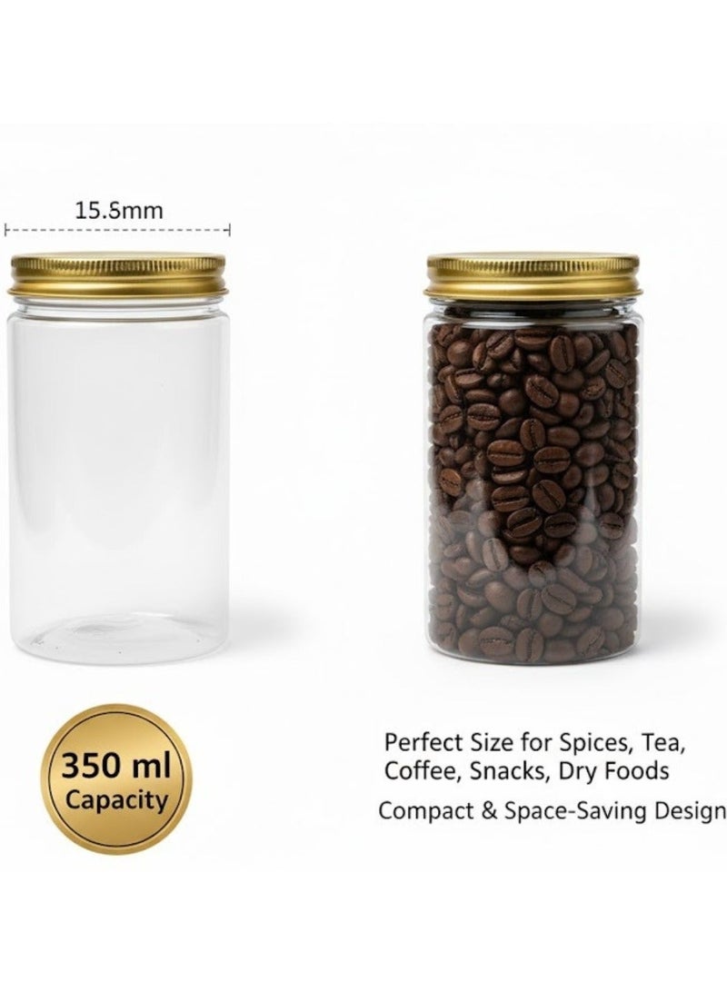 JIHAM 4 Pack Clear Plastic Jars with Airtight Gold-Colored Lids – 350ml BPA-Free Kitchen Storage Canisters for Pantry Organization | Food Jars for Coffee, Tea, Sugar, Spices, Snacks, Dry Goods & More - Image 4