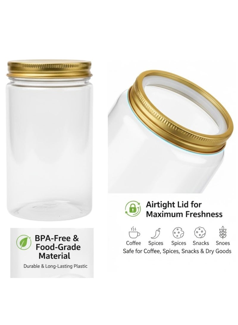 JIHAM 4 Pack Clear Plastic Jars with Airtight Gold-Colored Lids – 350ml BPA-Free Kitchen Storage Canisters for Pantry Organization | Food Jars for Coffee, Tea, Sugar, Spices, Snacks, Dry Goods & More - Image 5
