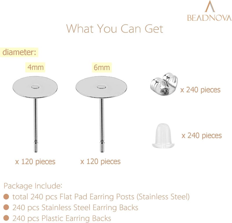 BEADNOVA Earring Posts 720pcs Stainless Steel Earring Hardware Hypoallergenic Ear Studs and Backs for Jewelry Making Backs and Findings for Ear Post Making 4mm and 6mm Total 720pcs - Image 3