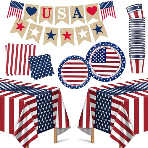 OHOME 4th of July Decorations Serve 24 Patriotic Plates Tablecloth Napkins Cups Banner Fourth of July Accessories for Home Outdoor Memorial Day 250th Anniversary Flag Party Supplies - Image 1