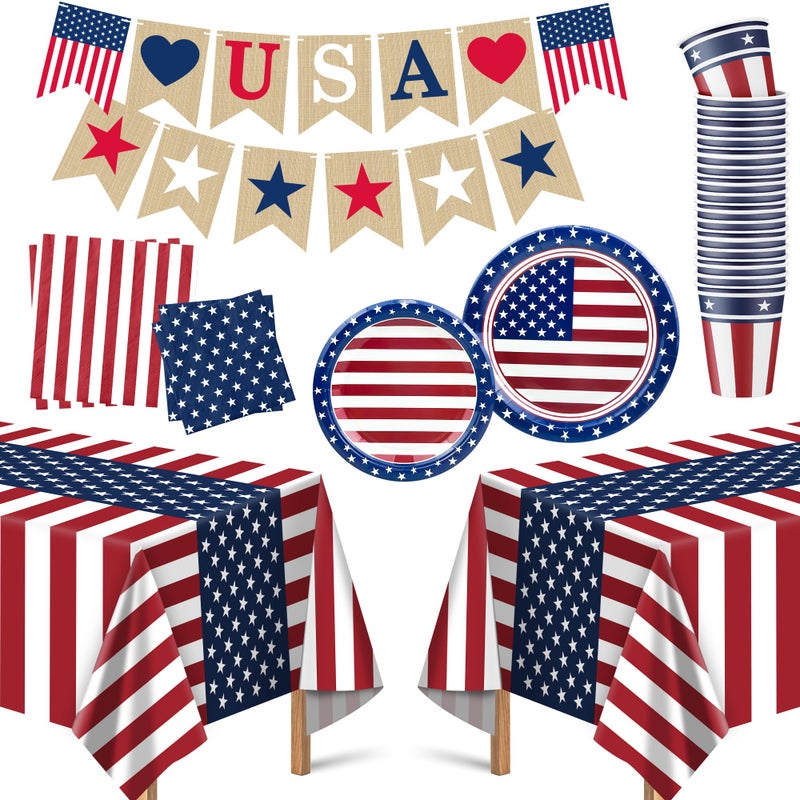 OHOME 4th of July Decorations Serve 24 Patriotic Plates Tablecloth Napkins Cups Banner Fourth of July Accessories for Home Outdoor Memorial Day 250th Anniversary Flag Party Supplies - Image 2