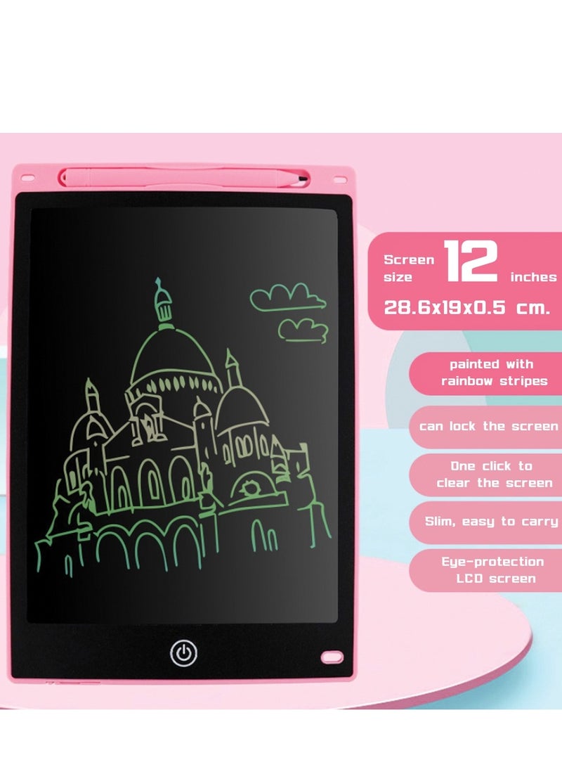 لوحة كتابة LCD، لوحة رسم إلكترونية، مادة ABS، قوية ومقاومة للاهتراء، خطوط جرافيتي ملونة، وظيفة المسح بنقرة واحدة، وردي - 12 بوصة - Image 2