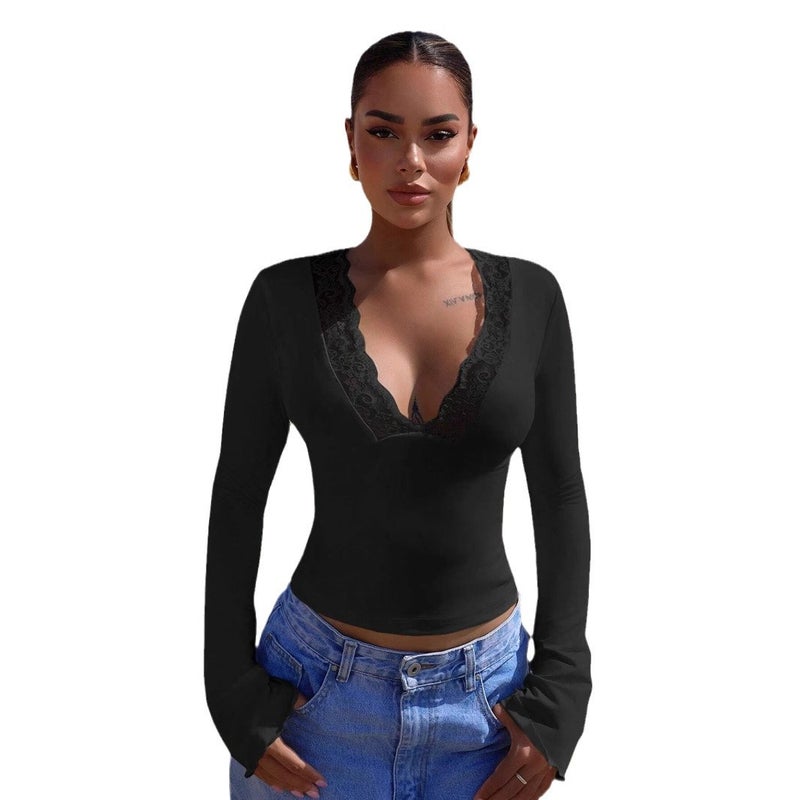 Women's V-Neck Lace Trim Long Sleeve Slim Fit T-Shirt - Image 5