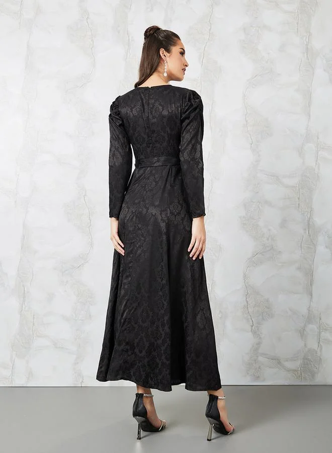Styli Jacquard Puff Sleeve Belted A-Line Maxi Dress