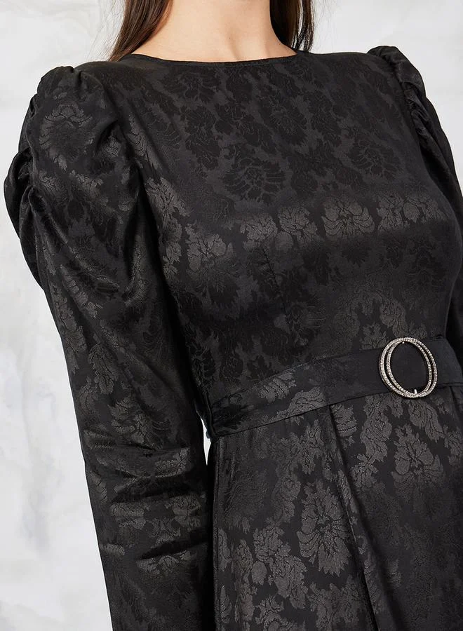 Styli Jacquard Puff Sleeve Belted A-Line Maxi Dress