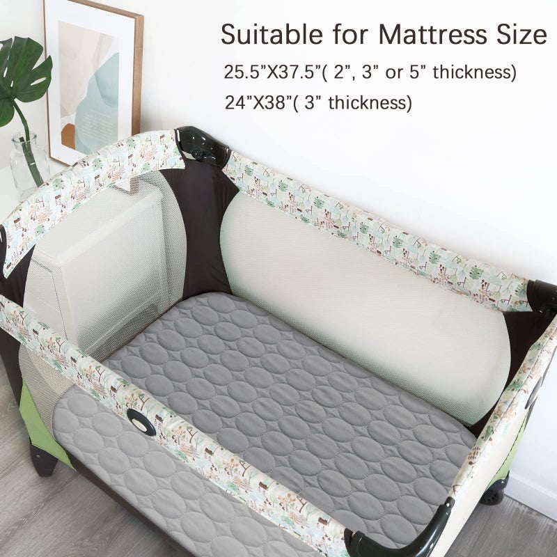 Biloban Pack and Play Mattress Protector Sheets Waterproof 2 Pack, Quilted Pack and Play Mattress Pad Cover Fitted Fits for Graco Pack n Play Playard Mattress/Playpen Mattress, Grey, 39" x 27" - Image 3