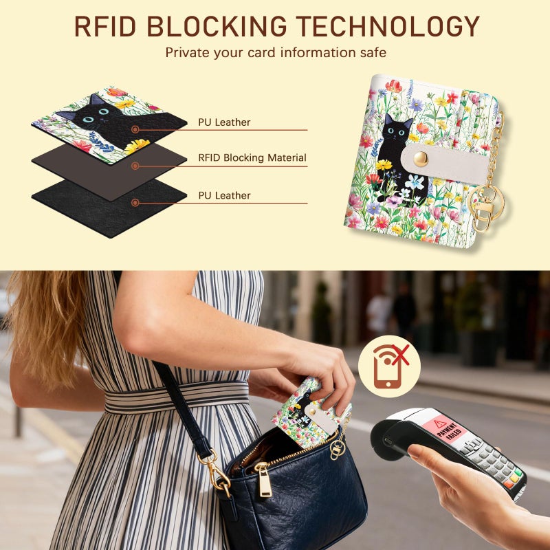 Jogjam Black Cat Flower Floral Aesthetic Rfid Women Wallet, Cute Small Slim Thin Compact Credit Card Wallet, PU Leather Bifold Cash Wallet, Zipper Coin Pocket ID Window, Girls Girly Teens Gifts - Image 3