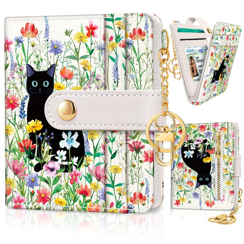Jogjam Black Cat Flower Floral Aesthetic Rfid Women Wallet, Cute Small Slim Thin Compact Credit Card Wallet, PU Leather Bifold Cash Wallet, Zipper Coin Pocket ID Window, Girls Girly Teens Gifts - Image 1