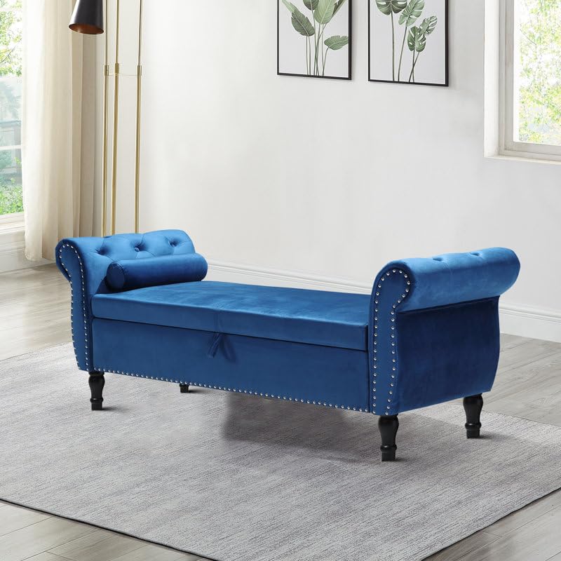 FOREMOST SOFA Velvet Upholstered Storage Bench Sofa Bench Sofa couches Ottoman Bench 2seater Sofa Chaise Lounger Puffy for Living Room Bedroom Office Blue - Image 1
