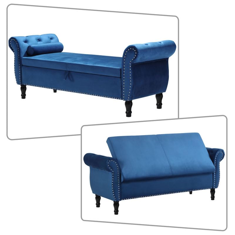 FOREMOST SOFA Velvet Upholstered Storage Bench Sofa Bench Sofa couches Ottoman Bench 2seater Sofa Chaise Lounger Puffy for Living Room Bedroom Office Blue - Image 3