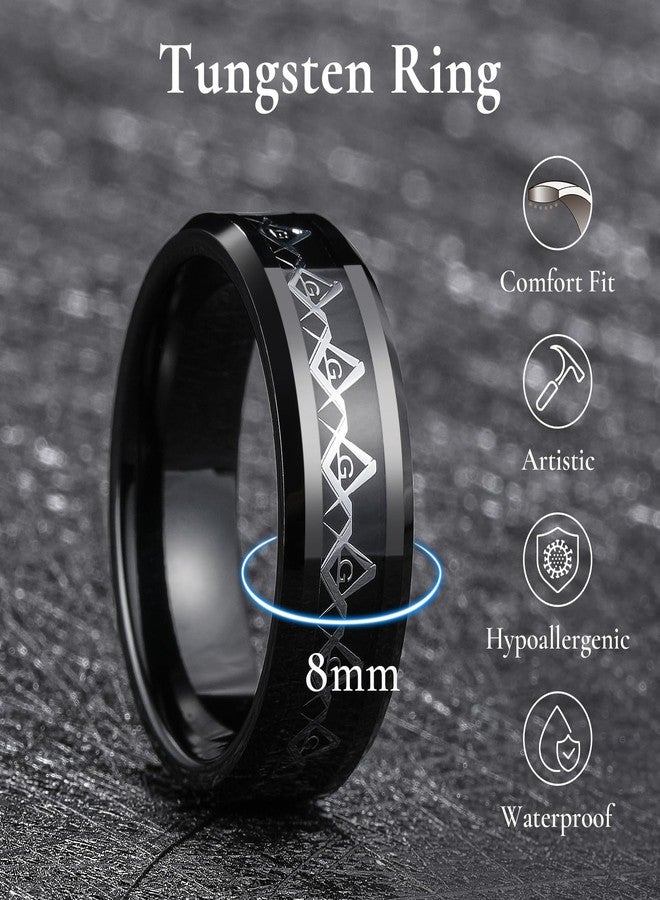 King Will 8mm Black Freemason Masonic Tungsten Rings Polished Beveled Edge Ring, Size 11 - Image 2