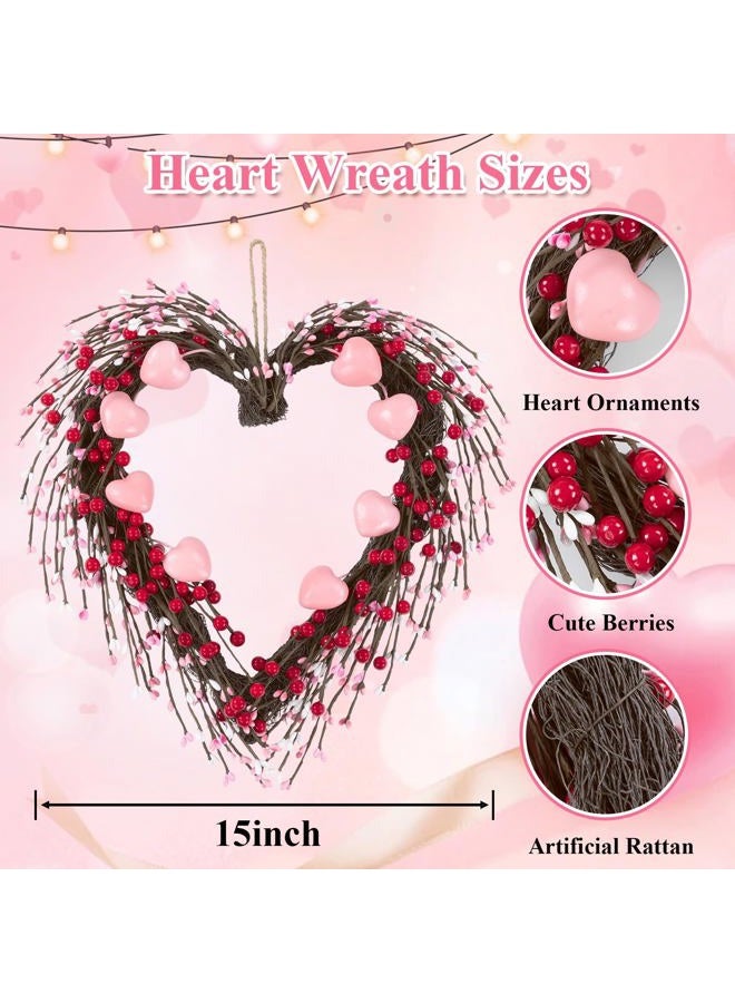 U'Artlines 15 Inch Valentine's Day Wreath, Pink Heart Shaped Door Wreath with Cute Berries for Valentine's Day Gift Wedding Anniversary Festival Front Door Wall Decor - Image 4