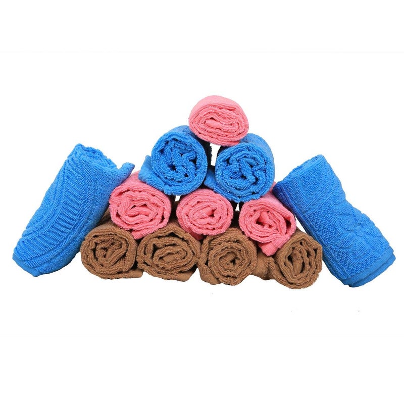 Padam Enterprises Cotton 12 Piece Hand Towel Set, 400 GSM (21 * 14 Inches) Sky Blue & Brown & Pink - Image 1