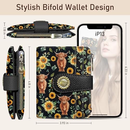 Kelvoris Highland Cow Cattle Sunflower Small Rfid Women Wallet Bifold Zipper Coin Pocket PU Leather Compact Cash Credit Card Holder Travel Wallet for Female Ladies Teen Girls 1 ID Window 10 Card Slots - Image 5