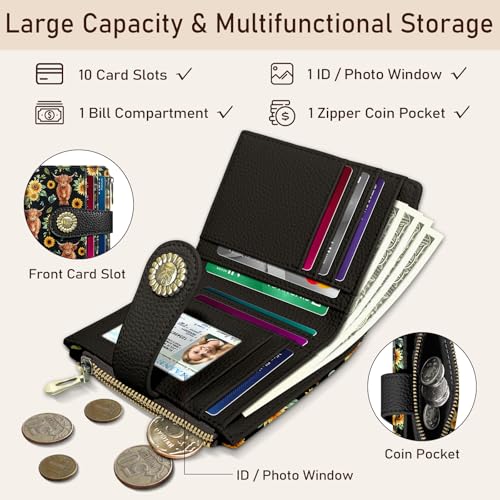Kelvoris Highland Cow Cattle Sunflower Small Rfid Women Wallet Bifold Zipper Coin Pocket PU Leather Compact Cash Credit Card Holder Travel Wallet for Female Ladies Teen Girls 1 ID Window 10 Card Slots - Image 4