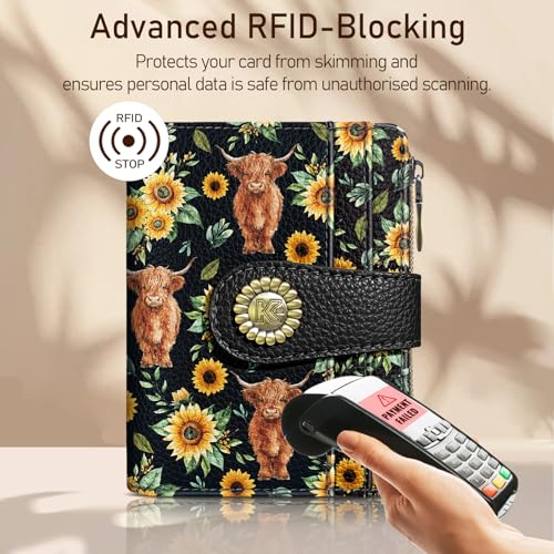 Kelvoris Highland Cow Cattle Sunflower Small Rfid Women Wallet Bifold Zipper Coin Pocket PU Leather Compact Cash Credit Card Holder Travel Wallet for Female Ladies Teen Girls 1 ID Window 10 Card Slots - Image 3