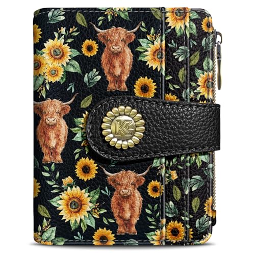 Kelvoris Highland Cow Cattle Sunflower Small Rfid Women Wallet Bifold Zipper Coin Pocket PU Leather Compact Cash Credit Card Holder Travel Wallet for Female Ladies Teen Girls 1 ID Window 10 Card Slots - Image 1