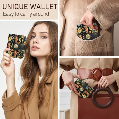Kelvoris Highland Cow Cattle Sunflower Small Rfid Women Wallet Bifold Zipper Coin Pocket PU Leather Compact Cash Credit Card Holder Travel Wallet for Female Ladies Teen Girls 1 ID Window 10 Card Slots - Image 2