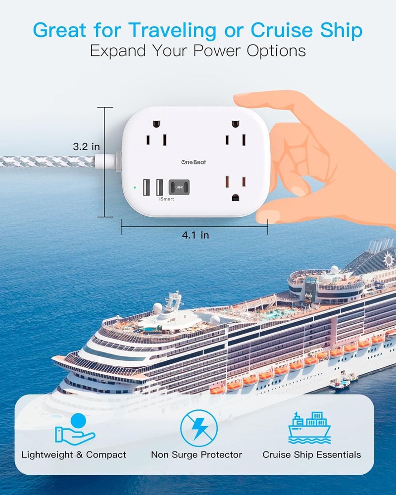 One Beat Cruise Ship Essentials Travel Power Strip with USB C, Flat Plug Extension Cord with 3 Outlets, 4 USB Ports (2 USB C), 5 Desk Wall Outlet Extender - Image 3