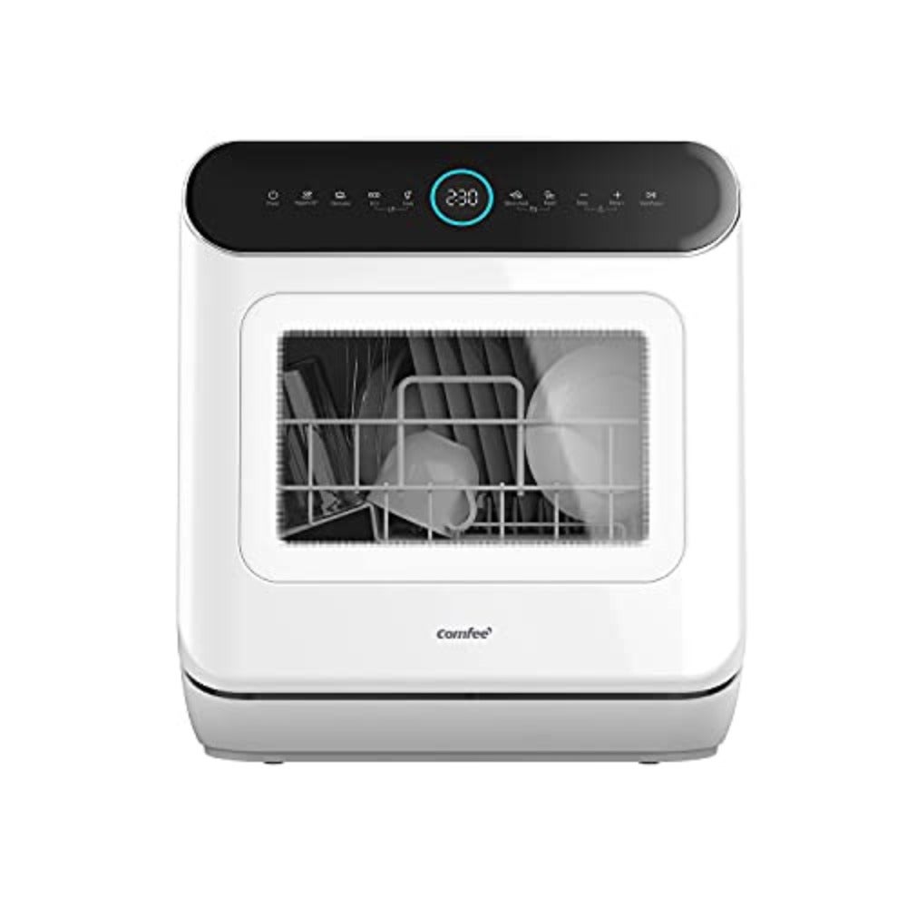 Countertop mini dishwasher for small kitchens, stainless steel finish, sleek black color, 3-place settings capacity with 6 wash programs, touch control and LED display