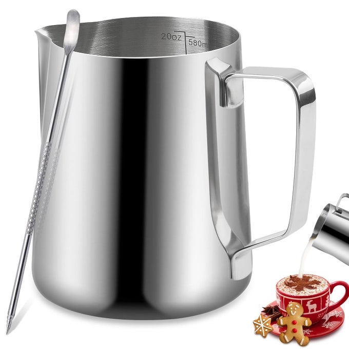 ESPRESSO MILK FROTHING PITCHER 20OZ600ML STAINLESS STEEL MILK FROTHER CUP WITH DECORATING ART PEN FOR ESPRESSO MACHINE
