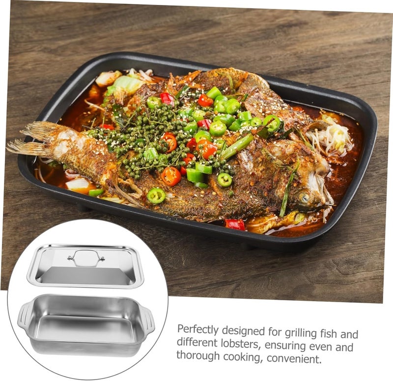 Swejos Grill Pan with Lid, Grilled Plate for Fish Dish Pan, Stainless Steel Baking Tray,Barbecue Trays with Handles, Rectangle Fish Grill Pan, Roasting Pan for Grill BBQ (Pack of 1) - Image 2