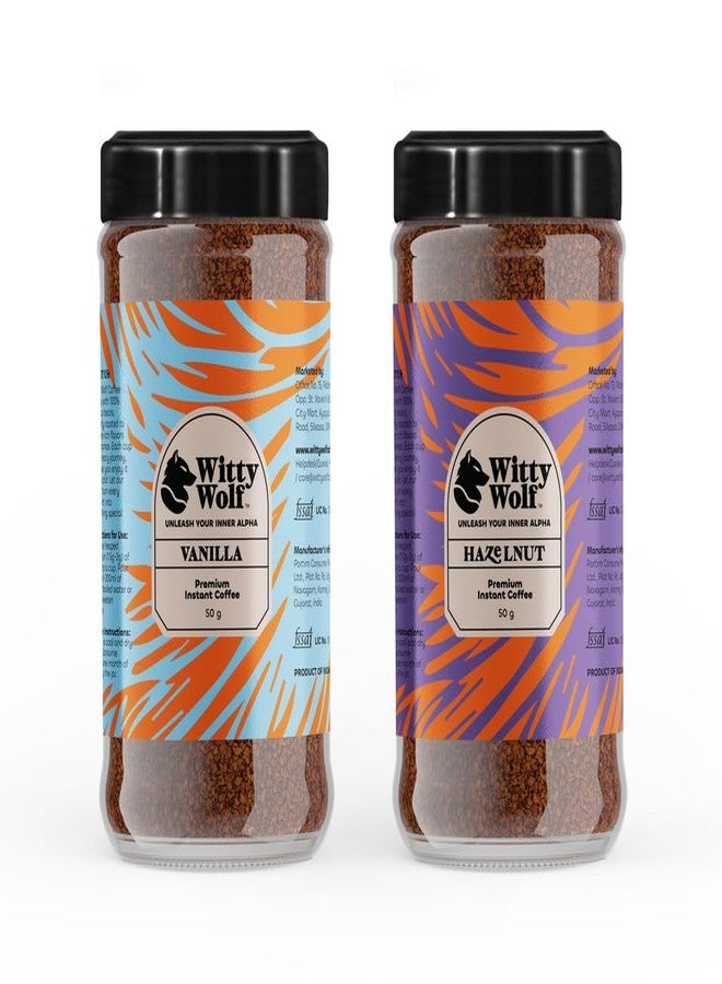 Witty Wolf Premium Vanilla & Hazelnut Instant Flavored Coffee Combo (50gm + 50gm) | Espresso, Latte & Cappuccino | Hot & Cold Coffee (Pack of 2) - Image 1