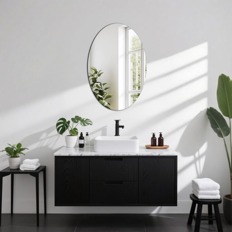QEEYON Small Oval Mirror for Wall Decor, 16 x 12 Frameless Glass Oval Wall Mounted Bathroom Vanity Mirror for Bedroom, Entryway, Living Room, 2-Sided Adhesive Tapes Include - Image 2