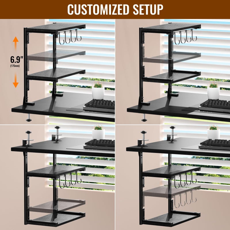 AUATRONNE Clamp-on Desk Shelf, 13 inch Above or Below Desk 2-Tier Shelving, Adjustable Metal Storage Tray for Gaming Devices or Office Desk Accessories and More, Black, Patent Pending - Image 3