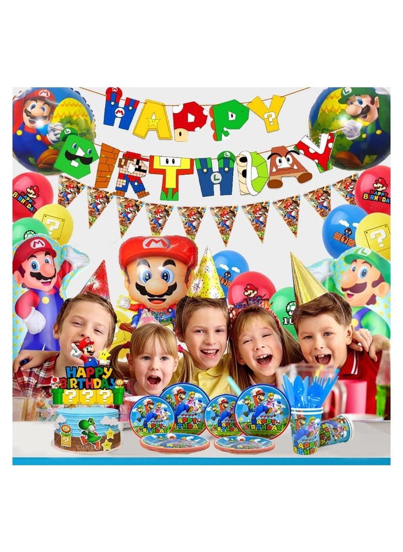 CASTANA - Super Mario Birthday Party Supplies,All-in-One Pack Mario Party Supplies Included Super Mario Bros Balloons,Banners,Plates,Tablecloth,Cake Topper,Balloons etc Mario Party Decorations - Image 1