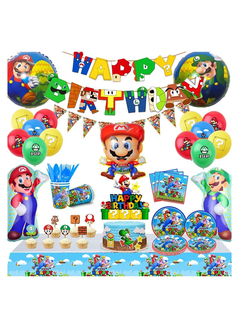CASTANA - Super Mario Birthday Party Supplies,All-in-One Pack Mario Party Supplies Included Super Mario Bros Balloons,Banners,Plates,Tablecloth,Cake Topper,Balloons etc Mario Party Decorations - Image 1