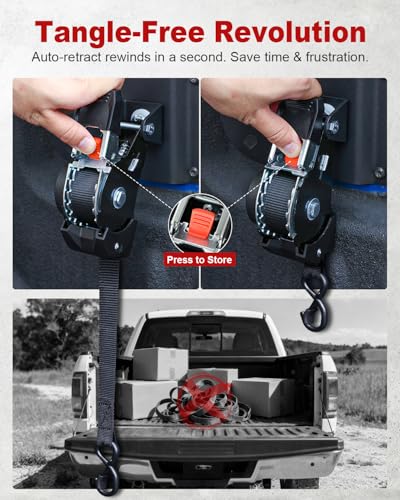 SKYJDM 2PCS Retractable Ratchet Straps Compatible with 2015-2025 Ford F150 Boxlink, 360° Rotating Tie-Down Straps with Auto-Retract System for Ultimate Truck Bed Cargo Security - Image 5
