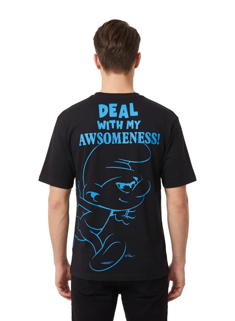 السنافر The Smurfs “Deal With My Awesomeness” Men’s Drop Shoulder T-Shirt | Character Back Print Graphic Casual Cotton Tee