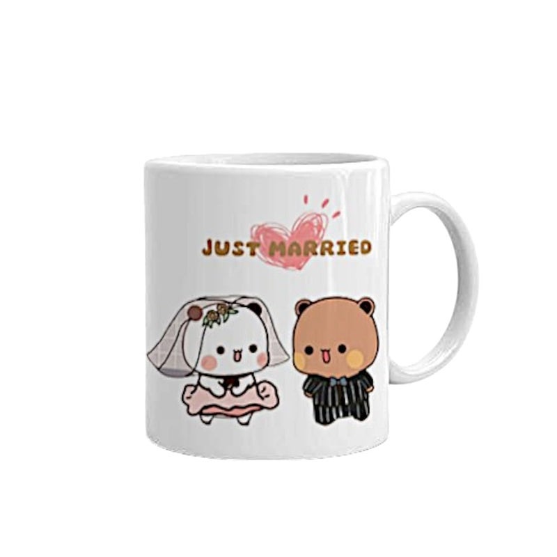 RMCG Traders Printed Bubu Dudu Just Married White Couple Cute Mug to Gift for Married Couple Girlfriend Boyfriend Anniversary Gift Husband Gift Set of 1 - Image 1