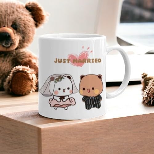 RMCG Traders Printed Bubu Dudu Just Married White Couple Cute Mug to Gift for Married Couple Girlfriend Boyfriend Anniversary Gift Husband Gift Set of 1 - Image 3