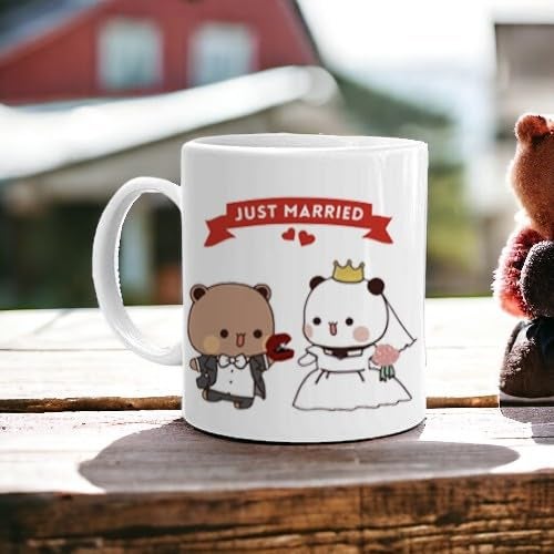 RMCG Traders Printed Bubu Dudu Just Married White Couple Cute Mug to Gift for Married Couple Girlfriend Boyfriend Anniversary Gift Husband Gift Set of 1 - Image 2