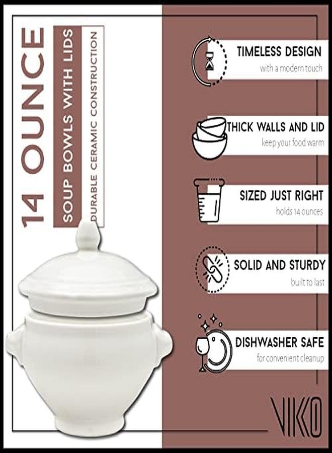 Vikko Soup Crocks With Lion Lids, 14 Ounce White Soup Bowl with Cover, Set of 6 Soup Dishes, Dishwasher Safe, Sturdy Design - Image 1