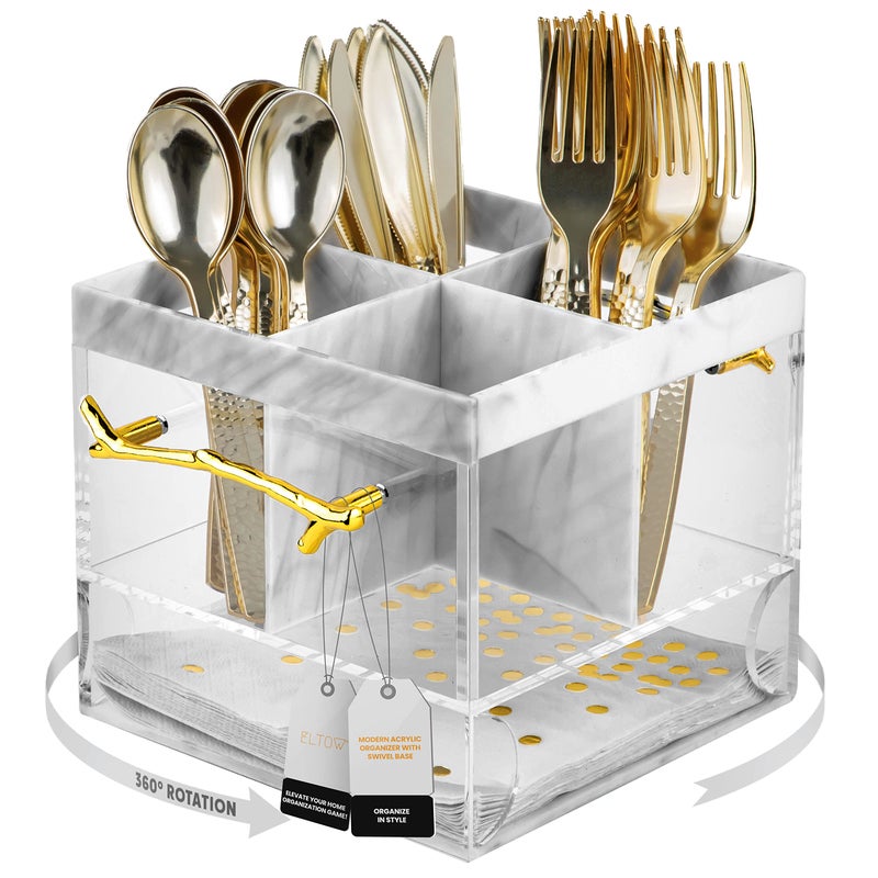 ELTOW ELTOW Utensil Holder for Party Silverware Caddy with Handle Swivel Lucite Acrylic Organizer for Spoons Forks Knives Napkins Elegant Cutlery Utensil Caddy 