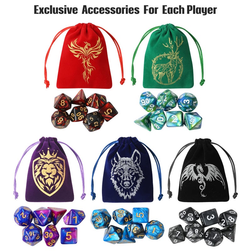 Grajar 35Pcs DND Dice Set with 5 Colorful Animal Patterned Dice Pouches, Polyhedral Dice Sets for Dungeons and Dragons D&D TTRPG MTG Table Role Playing Games - Image 2